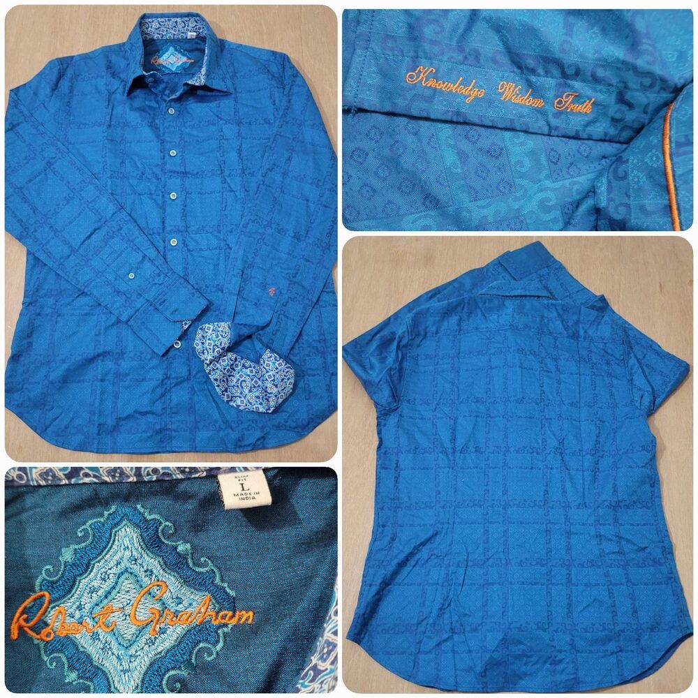 Robert Graham Dark Teal Long Sleeve Geometric Woven Shirt Large Slim Fit Men's